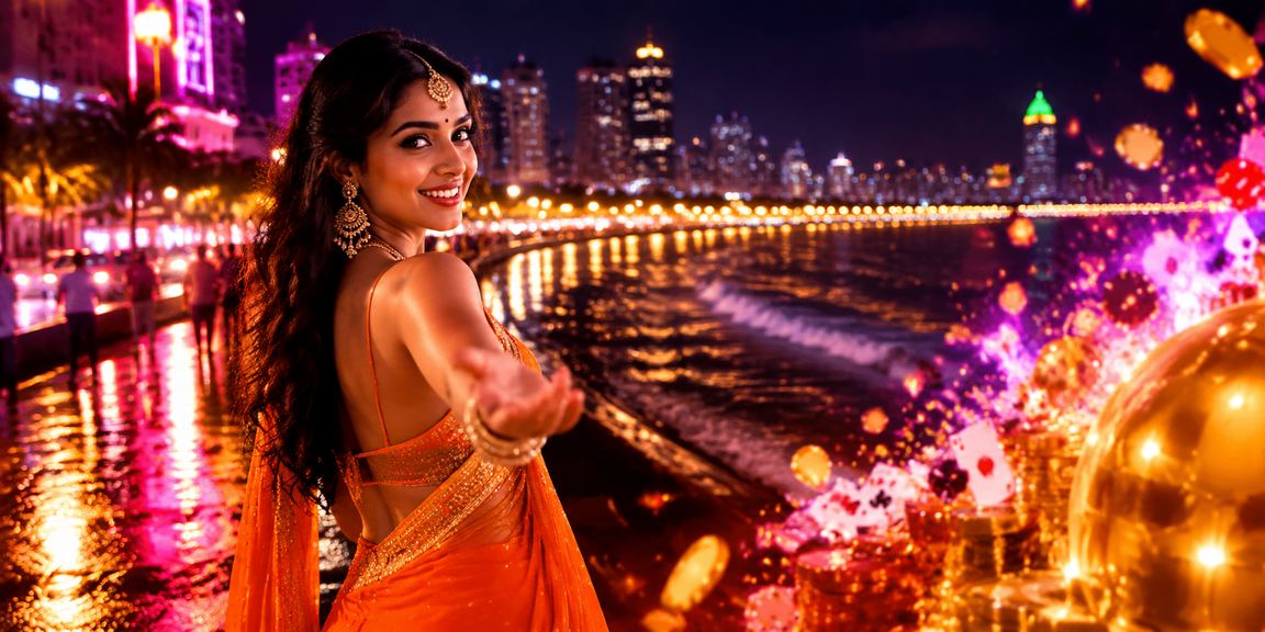 Mumbai Marine Drive illuminated at night with betting neon signs